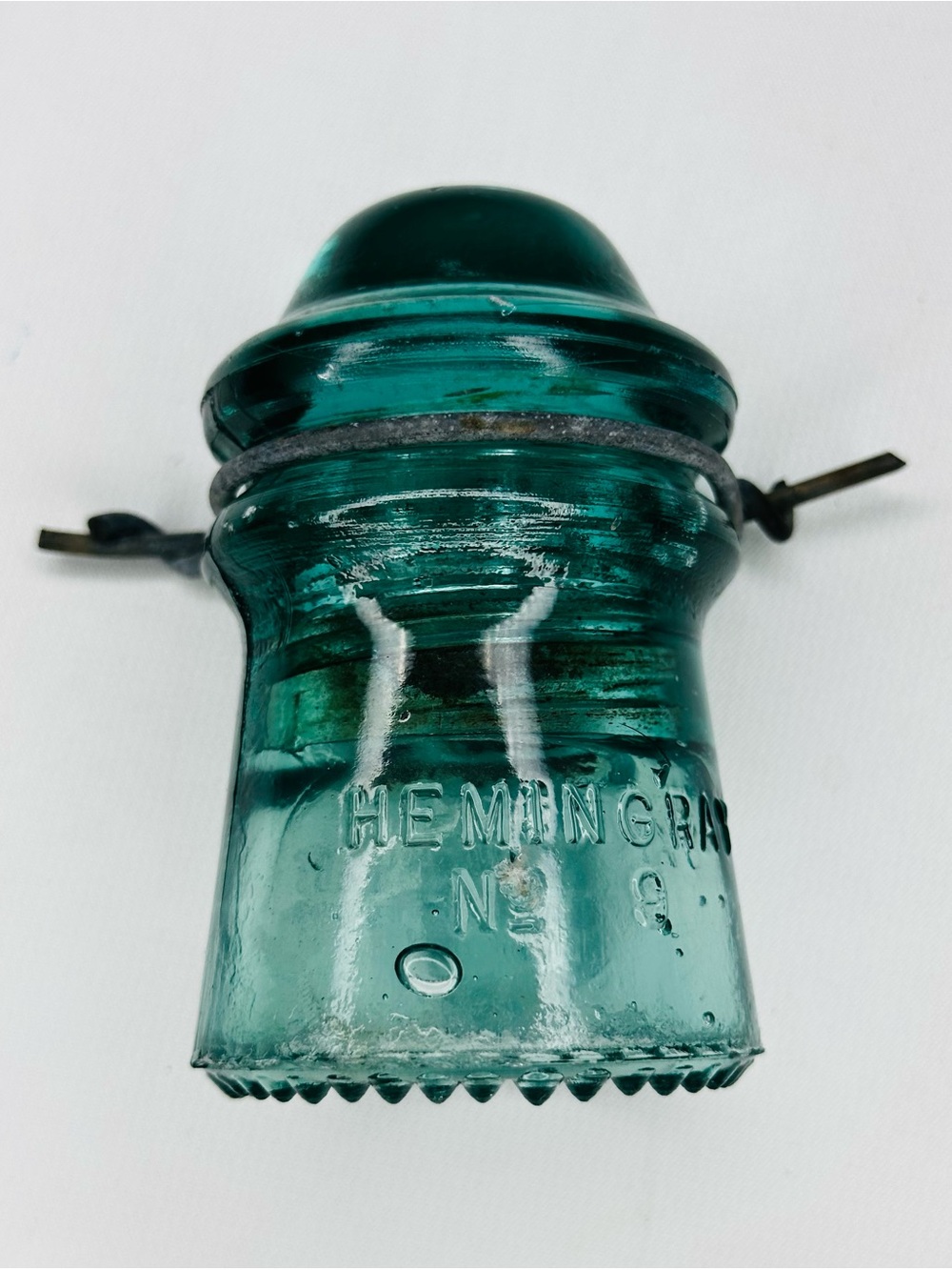 Antique Hemingray No 9 Aqua Glass Insulator w Original Tie Wire Telegraph Pole